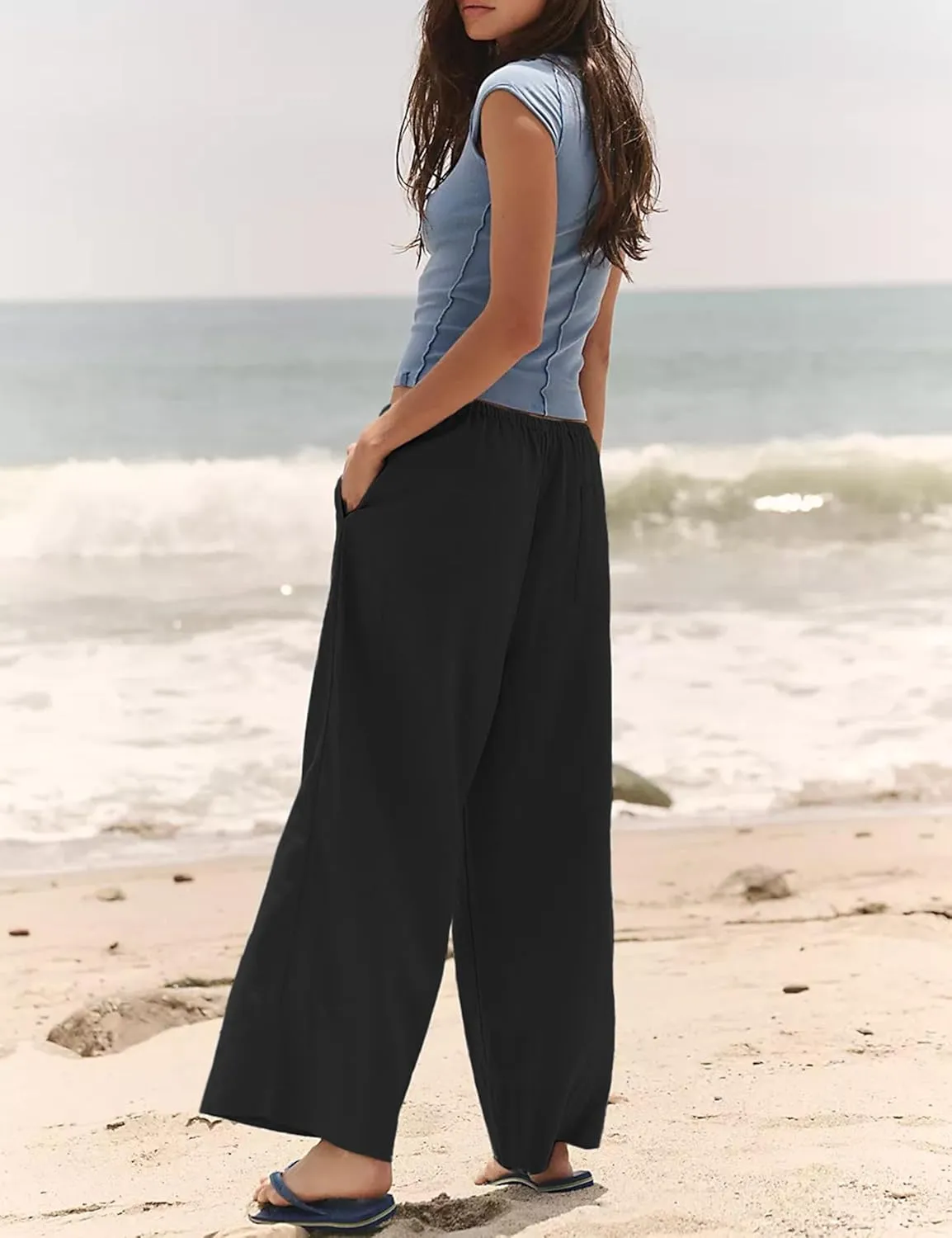 Bankeng Women's Cotton Linen Palazzo Pants Drawstring Elastic Waist Casual Wide Leg Beach Trousers with Pockets