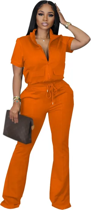 Batehif Women's Lounge Outfits Two Piece Sets 80s 90s Short Sleeve Zipper Top Flare Legging Pants