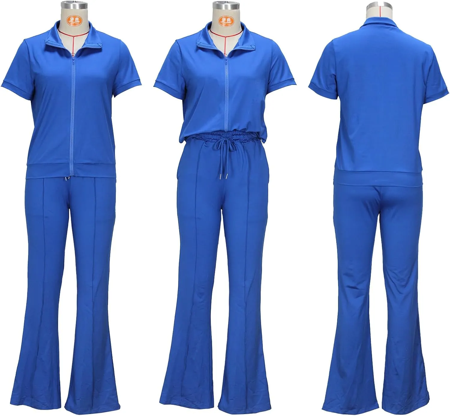 Batehif Women's Lounge Outfits Two Piece Sets 80s 90s Short Sleeve Zipper Top Flare Legging Pants