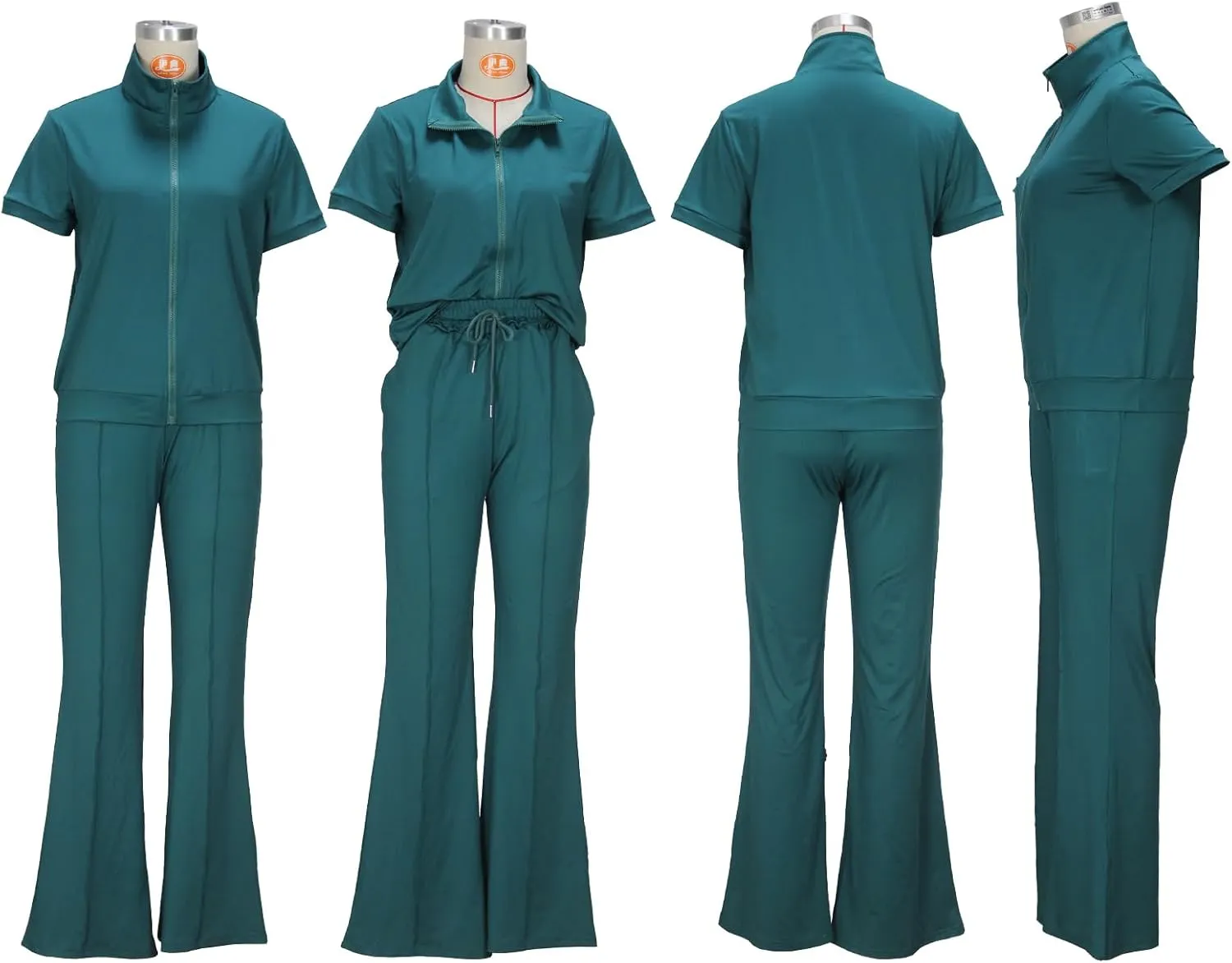 Batehif Women's Lounge Outfits Two Piece Sets 80s 90s Short Sleeve Zipper Top Flare Legging Pants