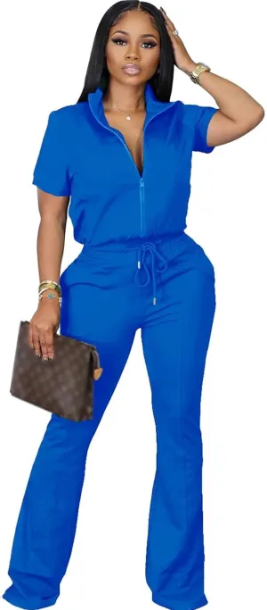 Batehif Women's Lounge Outfits Two Piece Sets 80s 90s Short Sleeve Zipper Top Flare Legging Pants