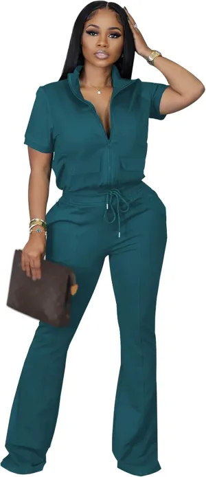 Batehif Women's Lounge Outfits Two Piece Sets 80s 90s Short Sleeve Zipper Top Flare Legging Pants