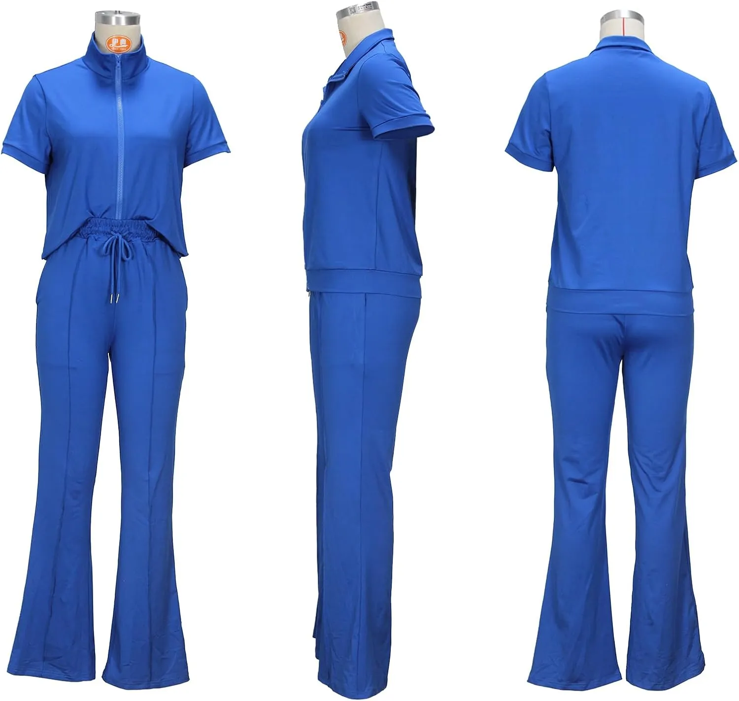 Batehif Women's Lounge Outfits Two Piece Sets 80s 90s Short Sleeve Zipper Top Flare Legging Pants
