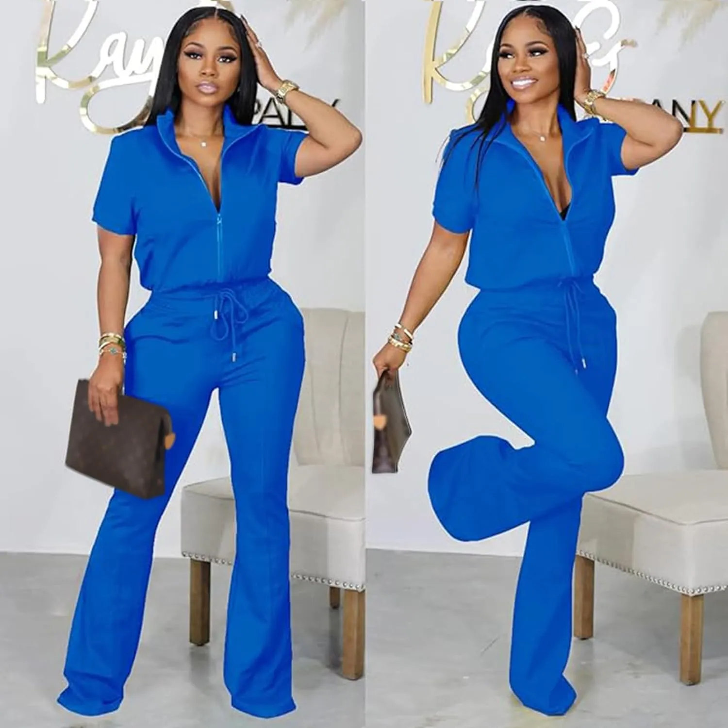 Batehif Women's Lounge Outfits Two Piece Sets 80s 90s Short Sleeve Zipper Top Flare Legging Pants