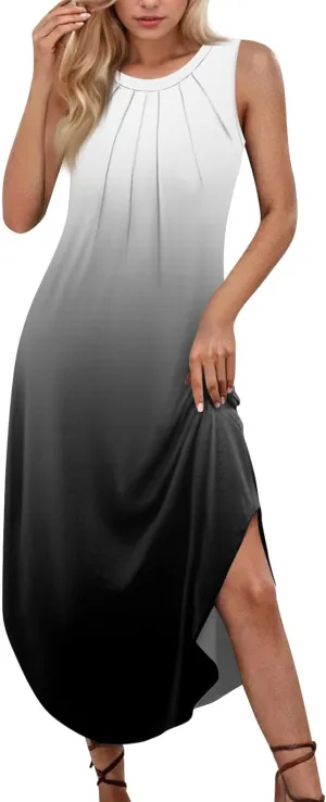 BAXLIMEK Sundresses for Women,2025 Spring Summer Casual Crewneck Sleeveless Maxi Dress,Flowy Side Slit Curved Hem Beach Dress