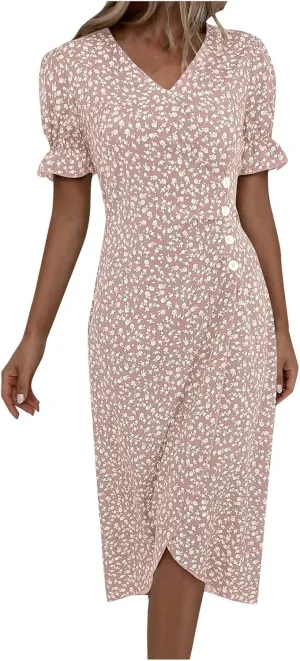 Beach Dresses for Women,2024 Summer Trendy Elegant Wrap V Neck Floral Boho Dress,Flowy Ruched Hawaiian Maxi Dress