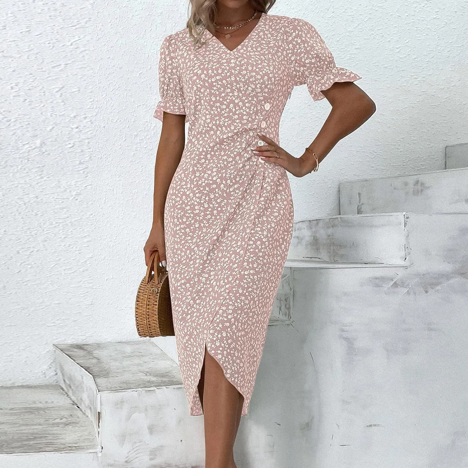 Beach Dresses for Women,2024 Summer Trendy Elegant Wrap V Neck Floral Boho Dress,Flowy Ruched Hawaiian Maxi Dress