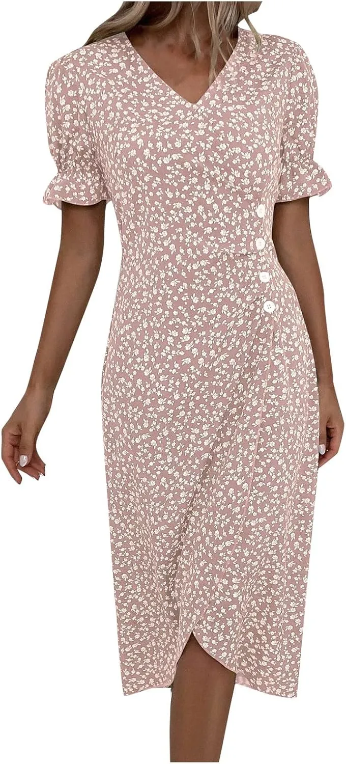 Beach Dresses for Women,2024 Summer Trendy Elegant Wrap V Neck Floral Boho Dress,Flowy Ruched Hawaiian Maxi Dress