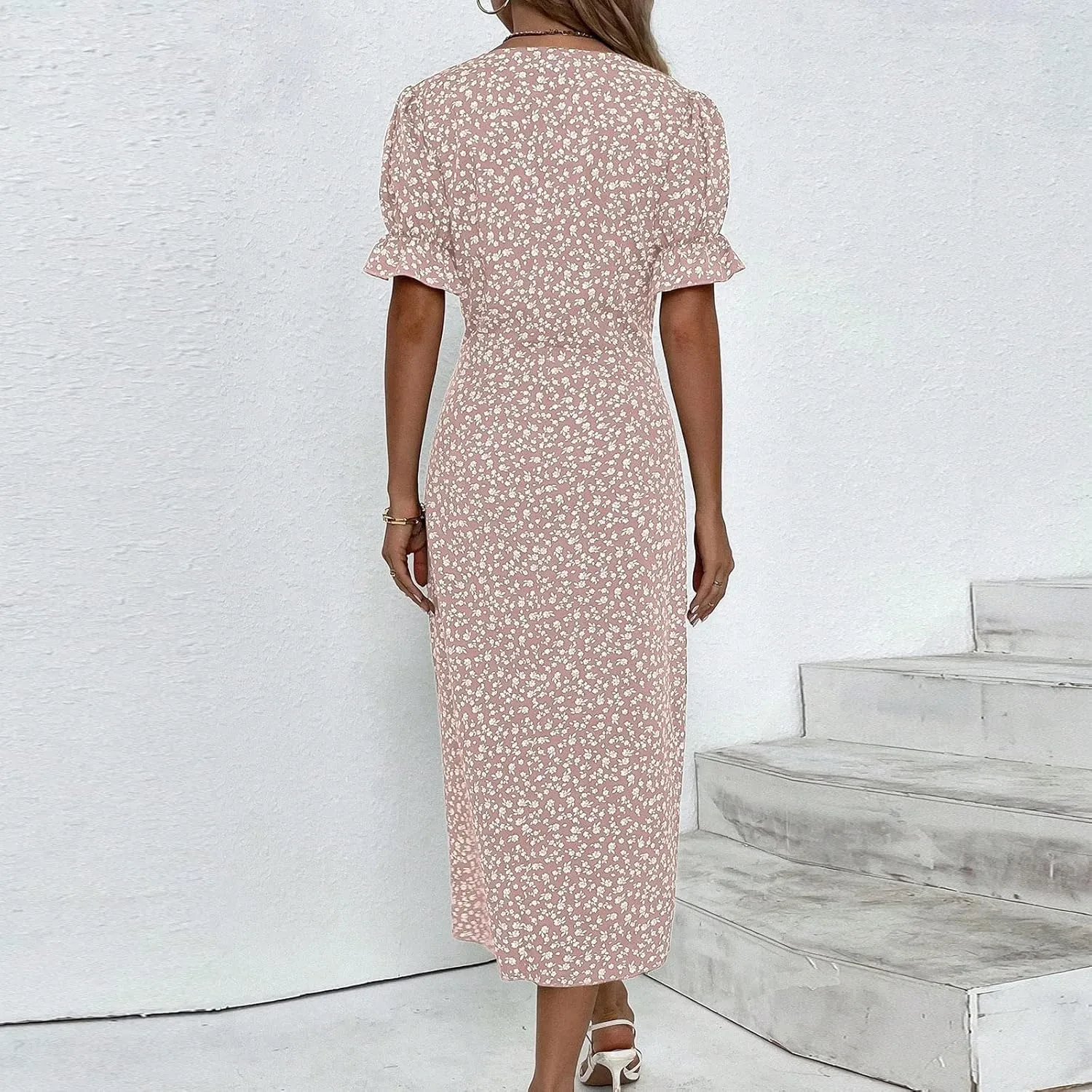 Beach Dresses for Women,2024 Summer Trendy Elegant Wrap V Neck Floral Boho Dress,Flowy Ruched Hawaiian Maxi Dress