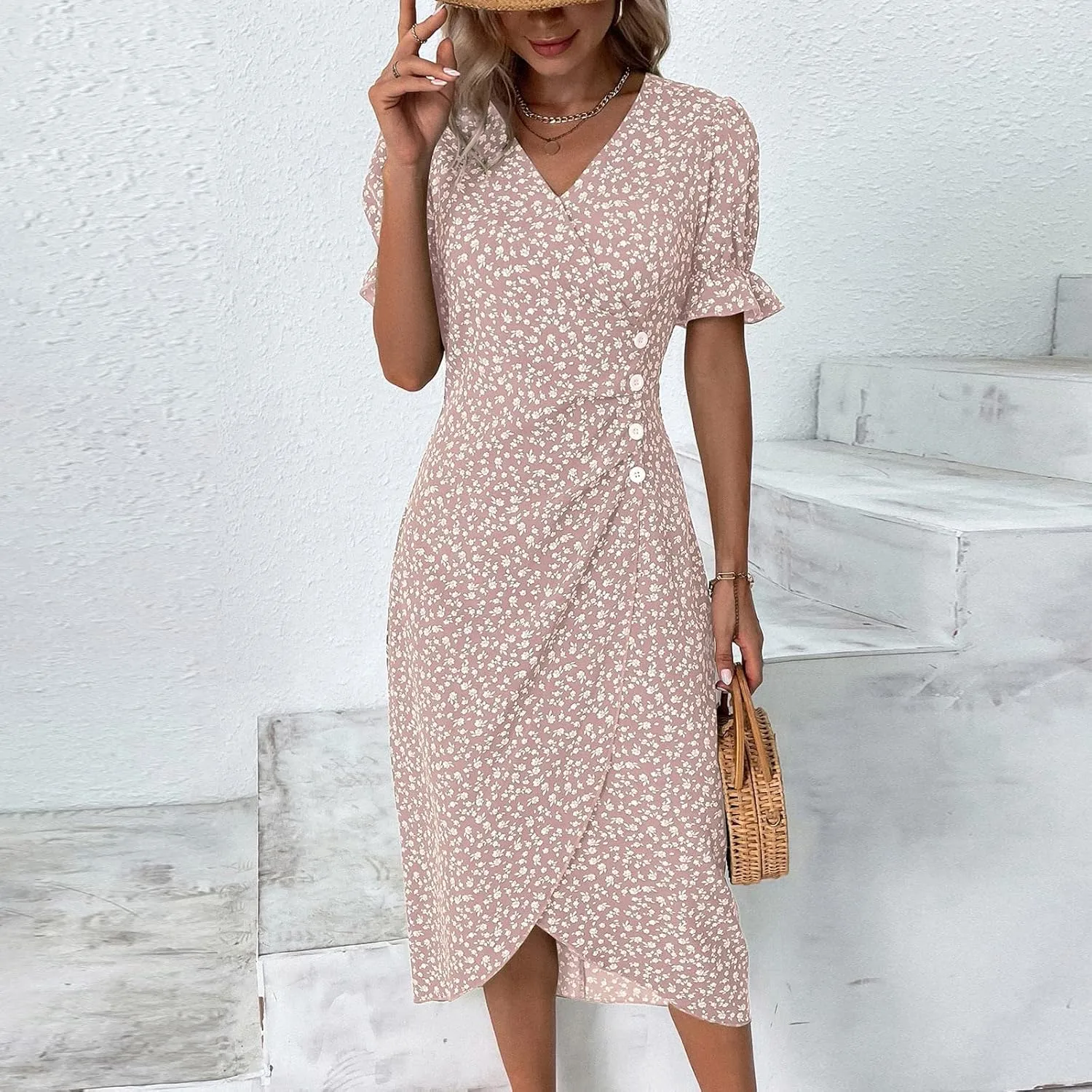 Beach Dresses for Women,2024 Summer Trendy Elegant Wrap V Neck Floral Boho Dress,Flowy Ruched Hawaiian Maxi Dress