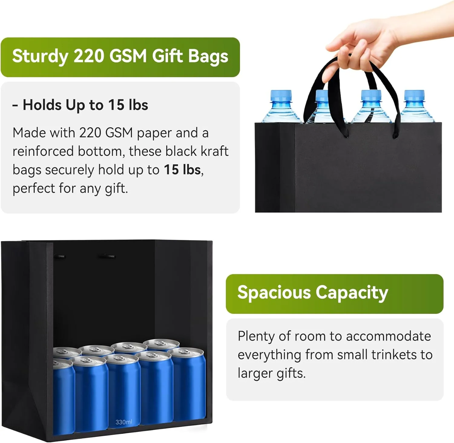 Black Gift Bags With Handles 6 Pcs, 12.5x4.5x11 Inch Sturdy Kraft Paper Gift Bags, Bulk for Wedding, Party, Birthday, Business and Shopping, Large Size