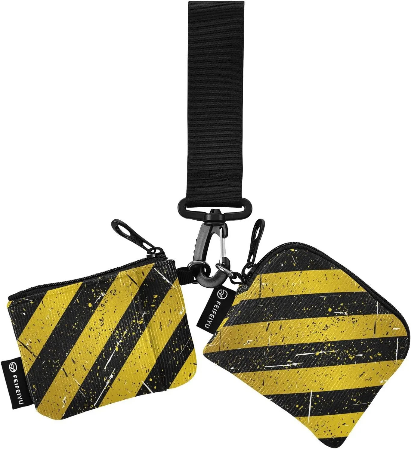 Black Yellow Stripe Wristlet Keychain Wallets for Women Portable Small Coin Purse