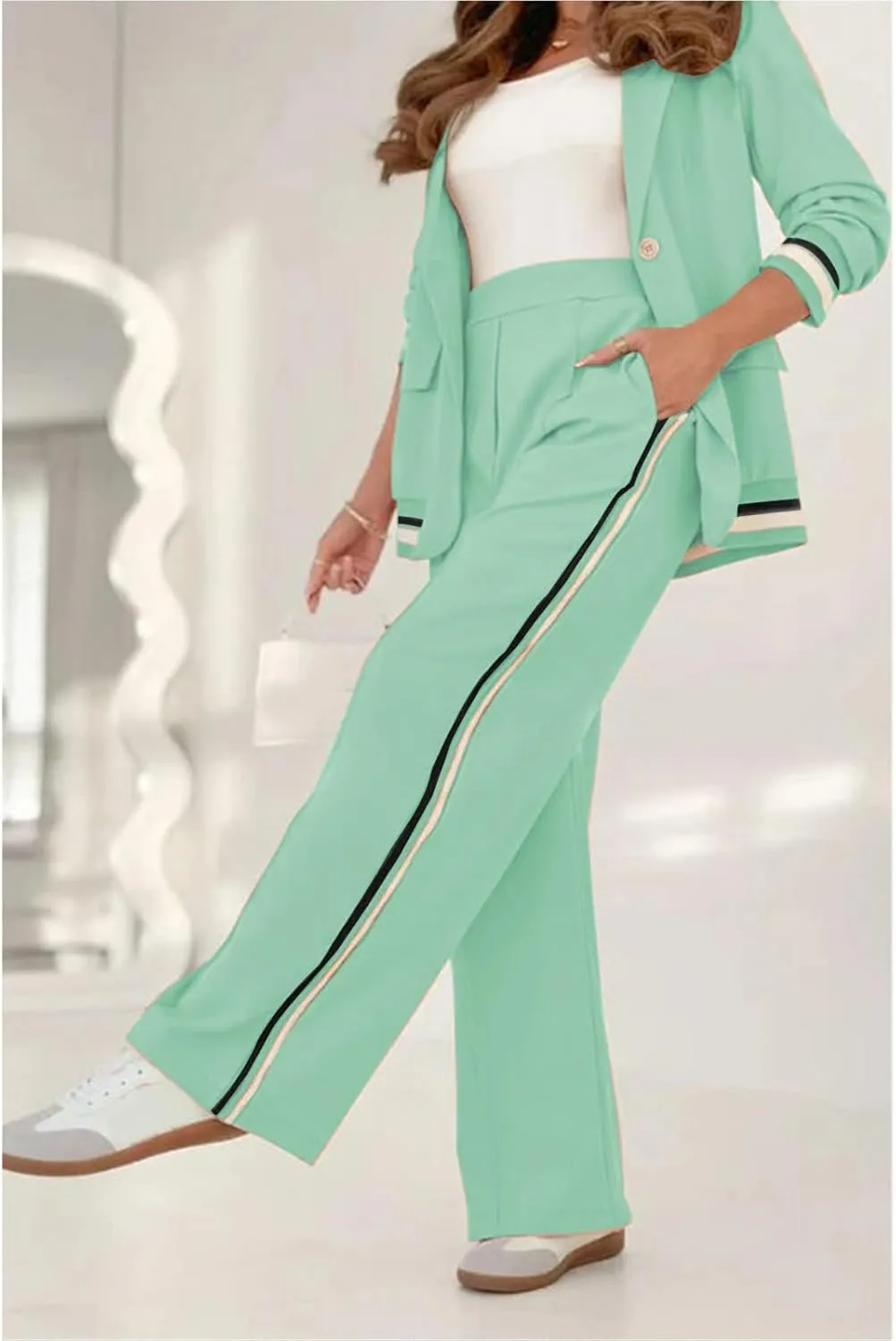 Blazer Sets Women 2 Piece Outfits Ribbed Sets One Button Blazer and Wide Leg Pants Suits Casual Business Outfits