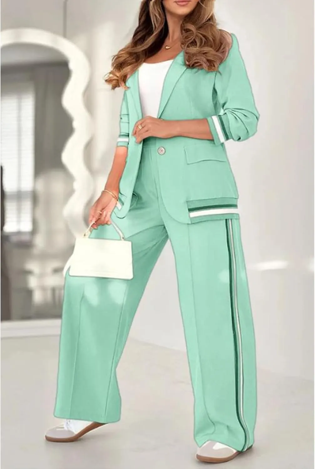 Blazer Sets Women 2 Piece Outfits Ribbed Sets One Button Blazer and Wide Leg Pants Suits Casual Business Outfits