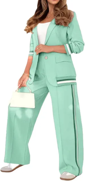 Blazer Sets Women 2 Piece Outfits Ribbed Sets One Button Blazer and Wide Leg Pants Suits Casual Business Outfits