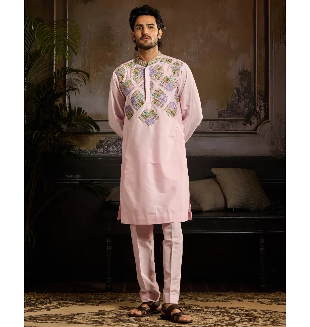 Blush Pink Cutdana & Zari Fan Butta Embroidered Kurta Paired With Blush Pink Pants