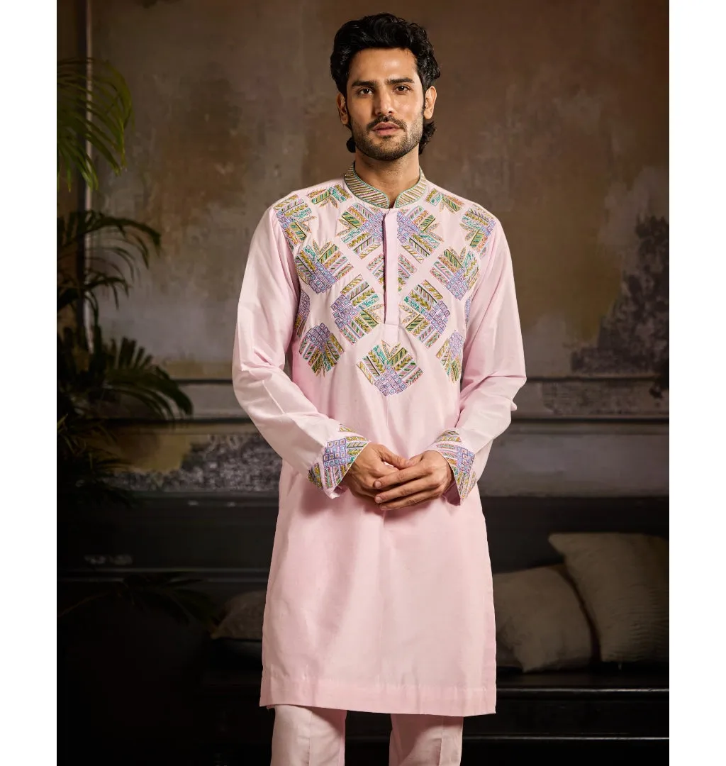 Blush Pink Cutdana & Zari Fan Butta Embroidered Kurta Paired With Blush Pink Pants
