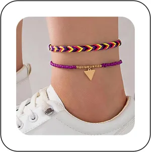 Bohemian Colorful Braided Anklet Bracelet Gold Triangle Dangle Ankle Bracelet Waterproof Surf Beach Chain Anklet Purple Rice Bead Foot Chain Jewellery for Women