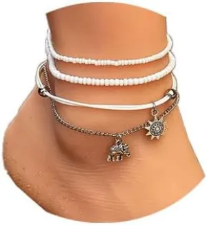 Boho Layered Sun Elephant Anklets White Beads Weave Anklets Dainty Beach Foot Chain Jewelry Accessories for Women