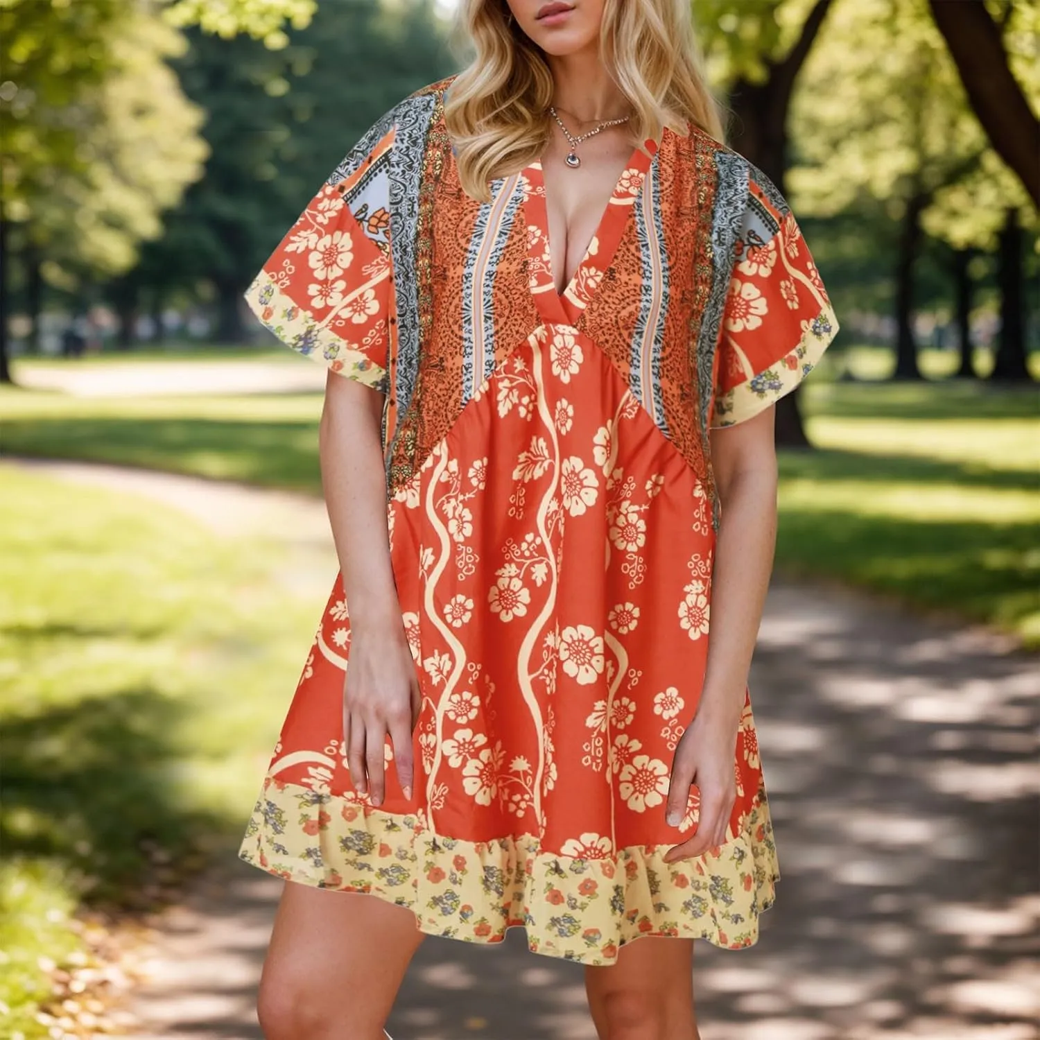 Boho Mini Dresses for Women Summer Y2K Casual Short Sleeve Beach Sexy Deep V Neck Ruffle Floral Flowy Babydoll Dress