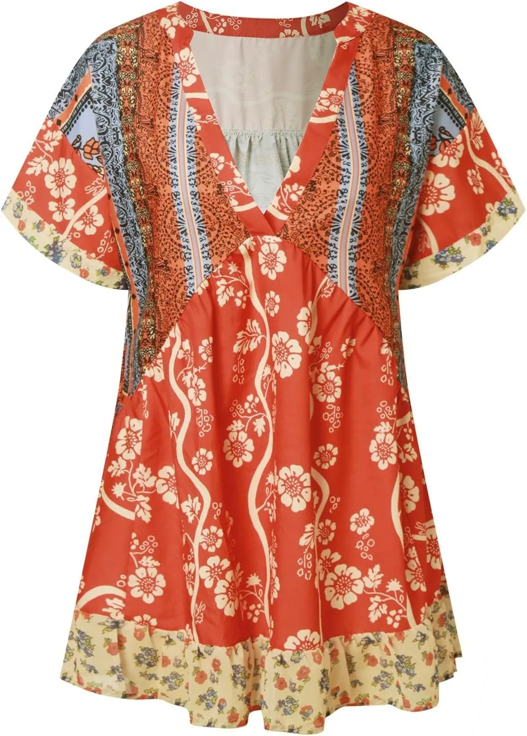 Boho Mini Dresses for Women Summer Y2K Casual Short Sleeve Beach Sexy Deep V Neck Ruffle Floral Flowy Babydoll Dress