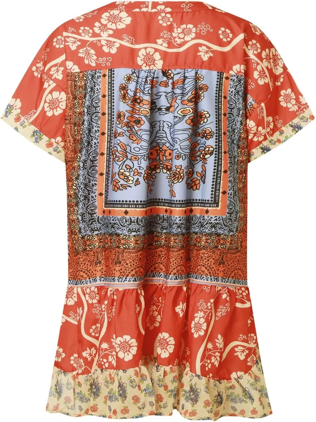 Boho Mini Dresses for Women Summer Y2K Casual Short Sleeve Beach Sexy Deep V Neck Ruffle Floral Flowy Babydoll Dress