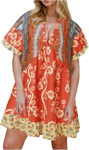 Boho Mini Dresses for Women Summer Y2K Casual Short Sleeve Beach Sexy Deep V Neck Ruffle Floral Flowy Babydoll Dress
