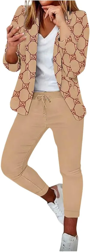 Business Casual Outfits for Women 2 Piece Sets Long Sleeve Open Front Blazer Drawstring Work Pants Office Suit Set