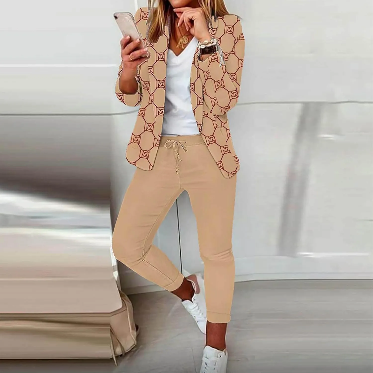 Business Casual Outfits for Women 2 Piece Sets Long Sleeve Open Front Blazer Drawstring Work Pants Office Suit Set