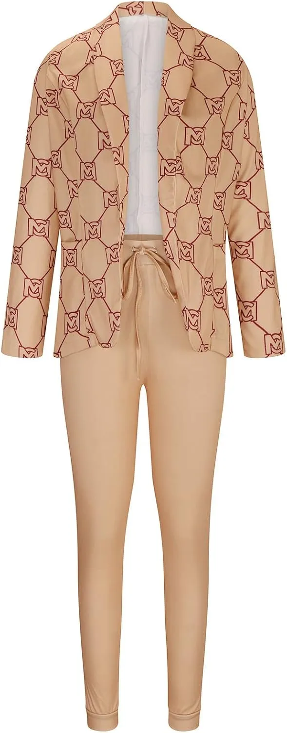Business Casual Outfits for Women 2 Piece Sets Long Sleeve Open Front Blazer Drawstring Work Pants Office Suit Set