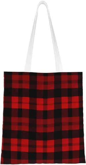 Canvas Tote Bag Aesthetic for Women Plaid Red and Black Shopping Bags Large Tote Shoulder Bag Reusable Grocery Bags Hobo Bags Casual Handbags Cute Cloth Bags Birthday Gifts