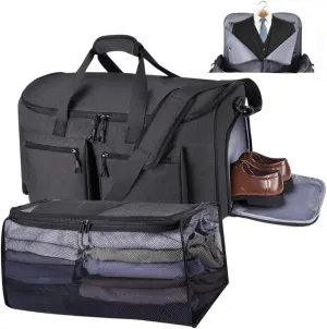 Carry-On Suit Garment Bag with Organizer Mesh, Convertible Travel Duffel Bag with Shoe Compartment for Business Trips and Weekend, Black