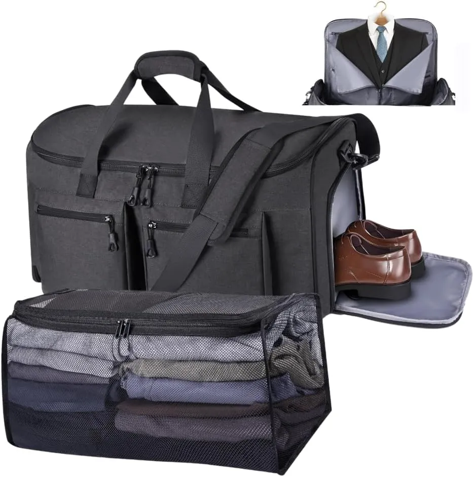 Carry-On Suit Garment Bag with Organizer Mesh, Convertible Travel Duffel Bag with Shoe Compartment for Business Trips and Weekend, Black