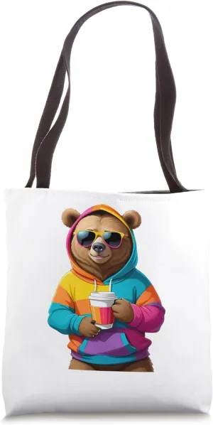 Cartoon Bear with Coffee and Sunglasses in Colorful Style Tote Bag