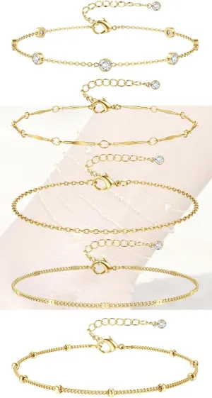 CASSIECA Gold Ankle Bracelets for Women - 14k Gold Plated Anklets Waterproof Stainless Steel Layered Heart Cuban Link Chain Herringbone Anklets for Women Summer Beach Jewelry Gift Adjustable Size 5pc