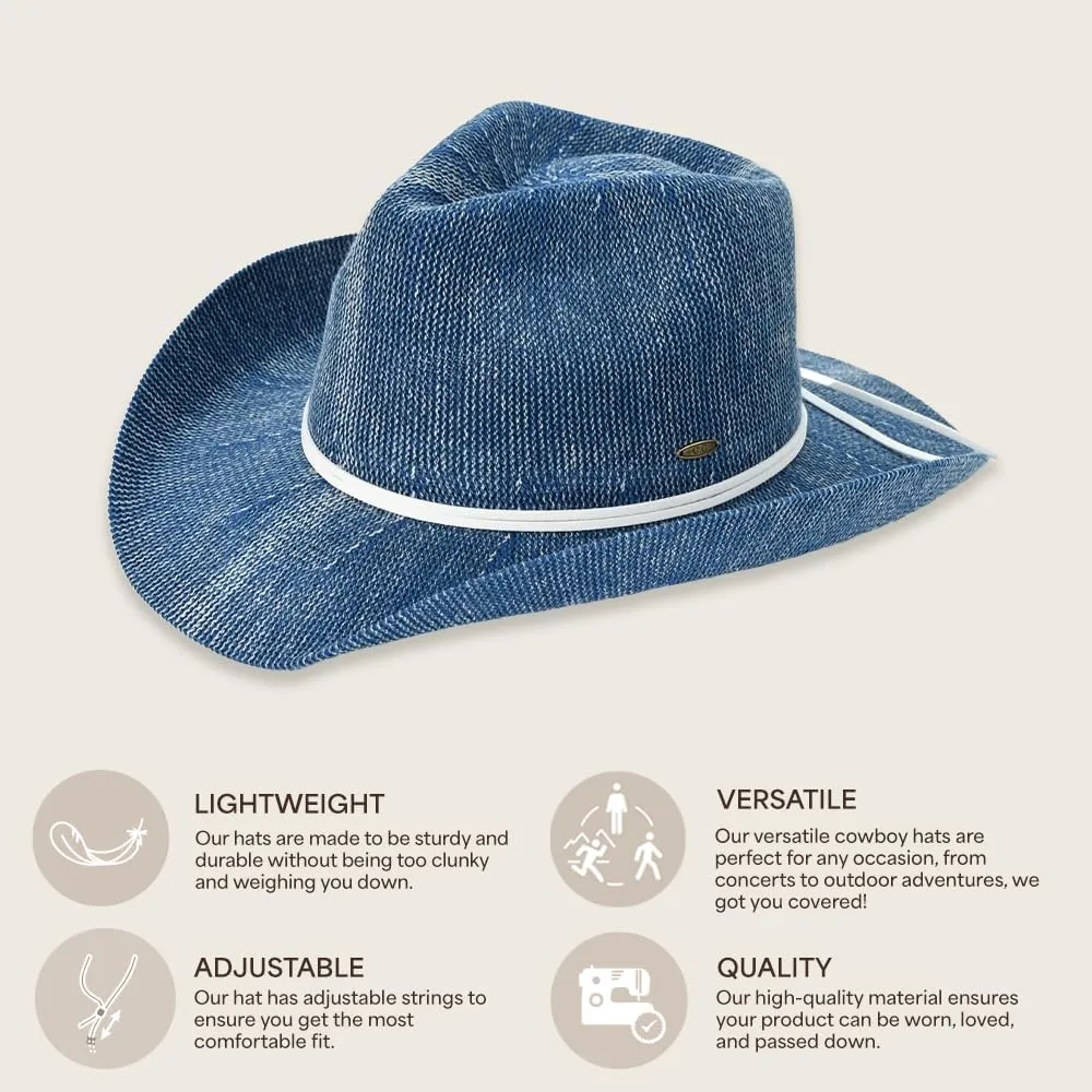 C.C Washed Knitted Denim Cowboy Hat with Suede Strings for Women