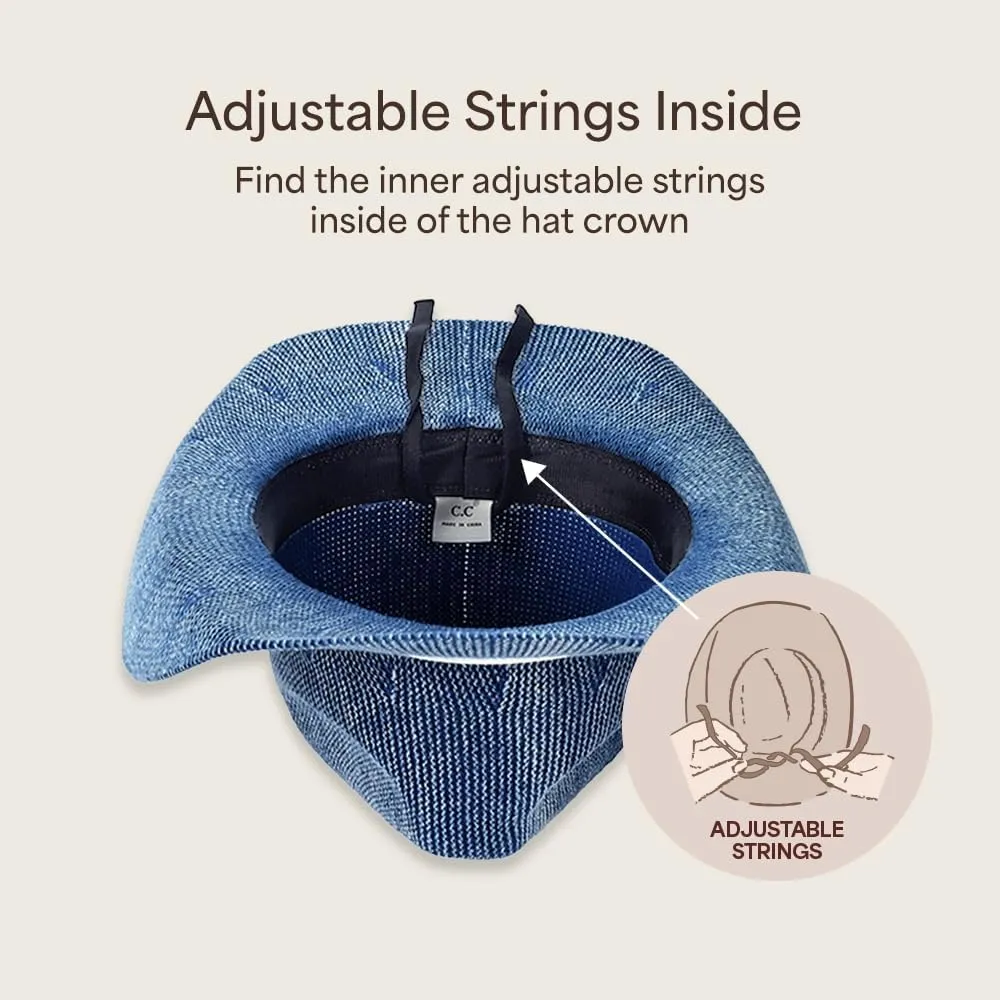 C.C Washed Knitted Denim Cowboy Hat with Suede Strings for Women