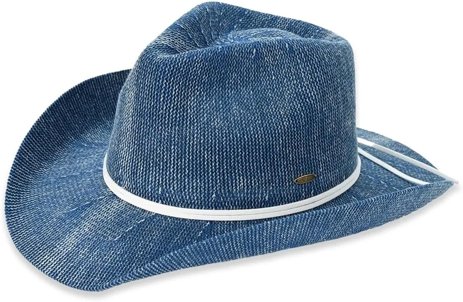 C.C Washed Knitted Denim Cowboy Hat with Suede Strings for Women
