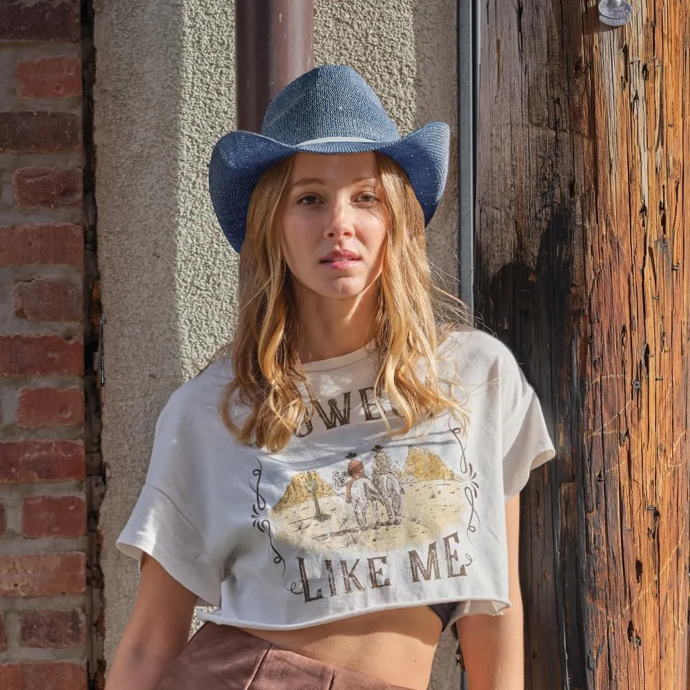C.C Washed Knitted Denim Cowboy Hat with Suede Strings for Women