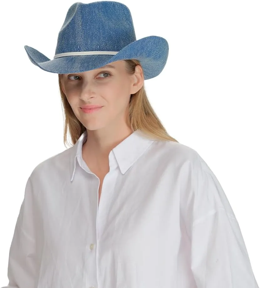 C.C Washed Knitted Denim Cowboy Hat with Suede Strings for Women