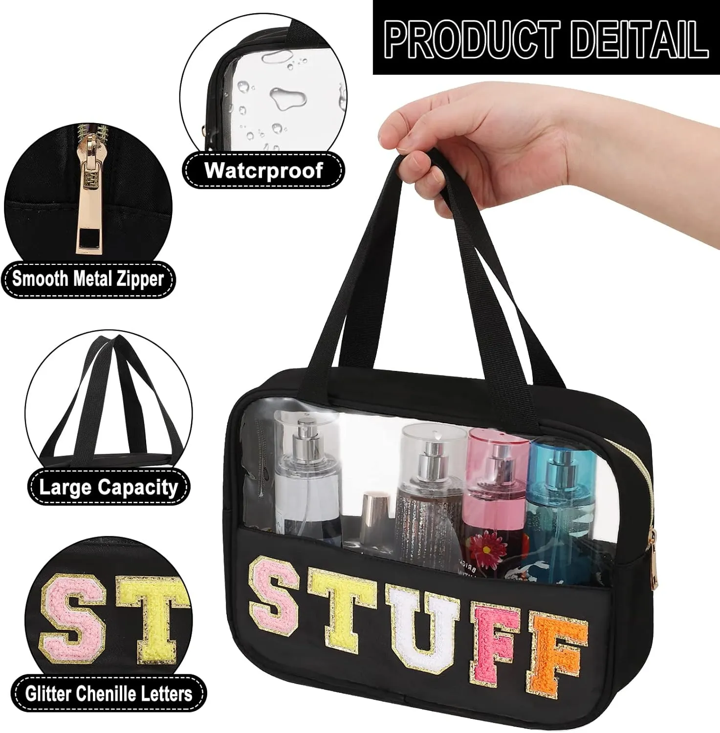 Chenille Letter Patch Clear Bag,Preppy Multi-purpose PVC&Nylon Clear Makeup Bag with Handles,Large Travel Makeup Toiletry Storage Zipper Pouch, Tote Bag for Women (Black-STUFF)