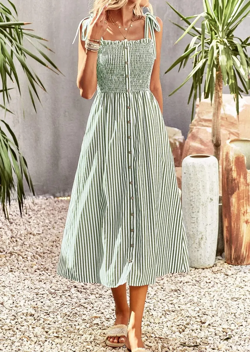 chouyatou Women's Summer Adjustable Spaghetti Strap Striped Ruffle Swing Midi Smocked Dress