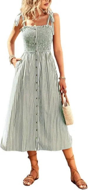 chouyatou Women's Summer Adjustable Spaghetti Strap Striped Ruffle Swing Midi Smocked Dress