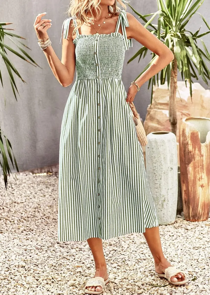 chouyatou Women's Summer Adjustable Spaghetti Strap Striped Ruffle Swing Midi Smocked Dress