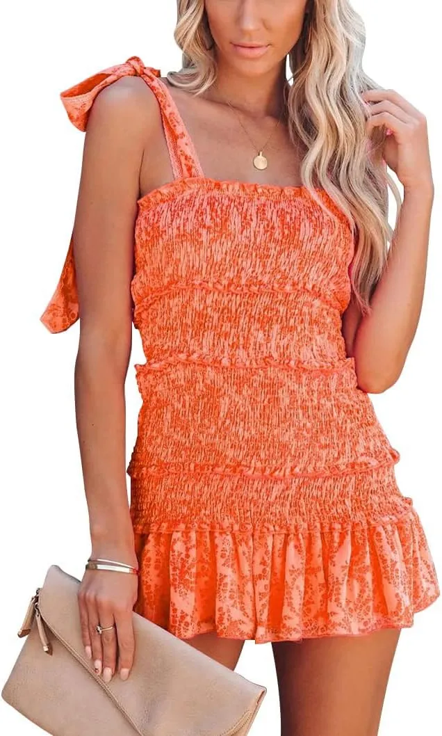 chouyatou Women's Summer Floral Spaghetti Strap Square Neck Ruffle Tie Mini Smocked Dress