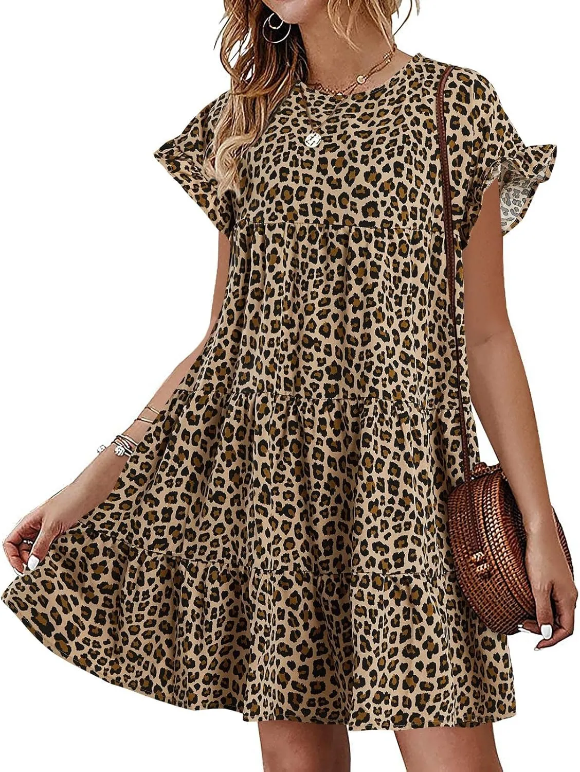 Chuanqi Womens Ruffles Boho Floral Printed Babydoll Loose Swing Casual Short Mini T-Shirt Dress