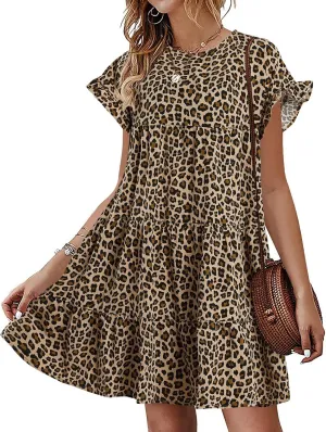 Chuanqi Womens Ruffles Boho Floral Printed Babydoll Loose Swing Casual Short Mini T-Shirt Dress
