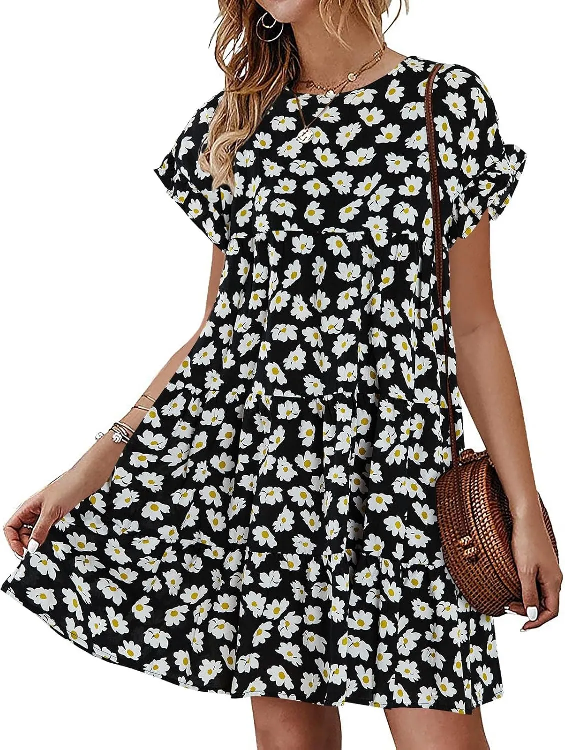 Chuanqi Womens Ruffles Boho Floral Printed Babydoll Loose Swing Casual Short Mini T-Shirt Dress
