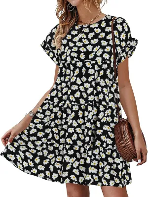 Chuanqi Womens Ruffles Boho Floral Printed Babydoll Loose Swing Casual Short Mini T-Shirt Dress