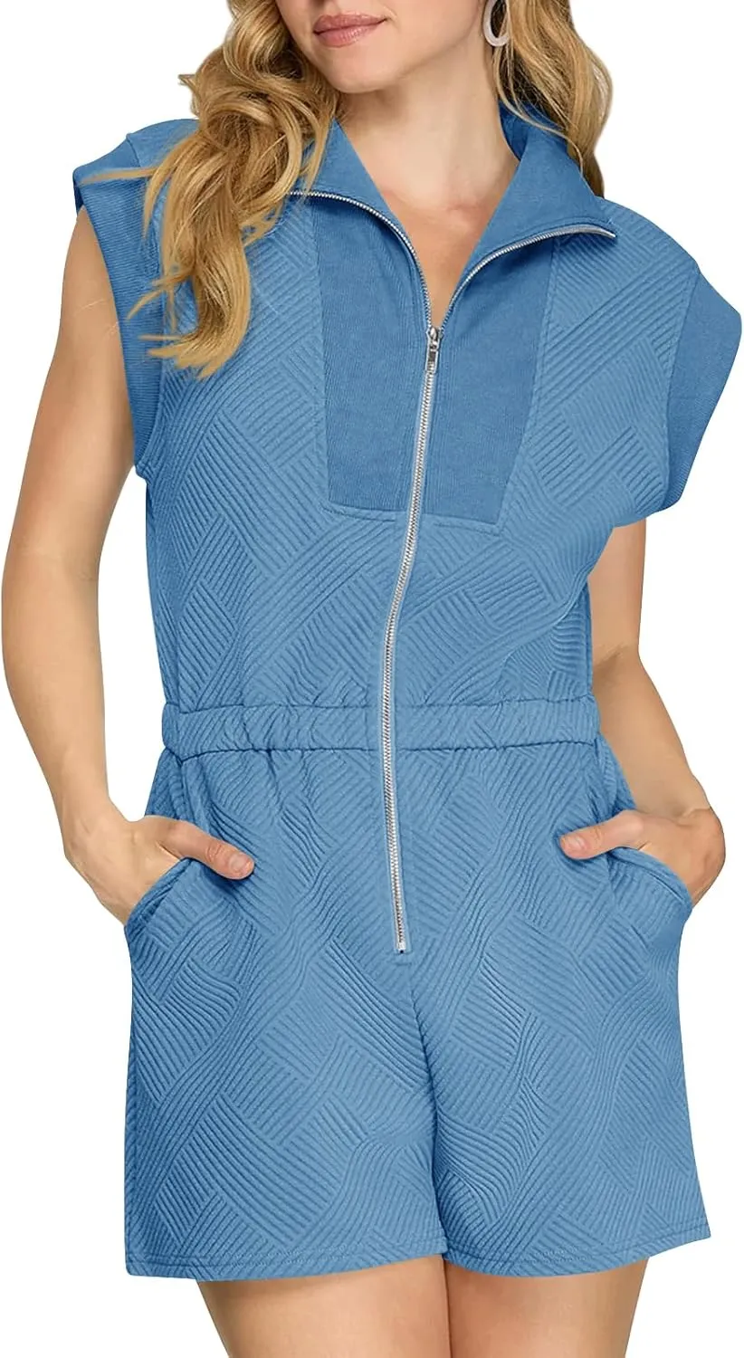 Cicy Bell Womens Casual Cap Sleeve Rompers Textured Zip Up Collared Short Jumpsuit Elastic Waist Summer Outfit